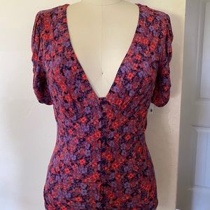 Free People Deep V Floral Print Top